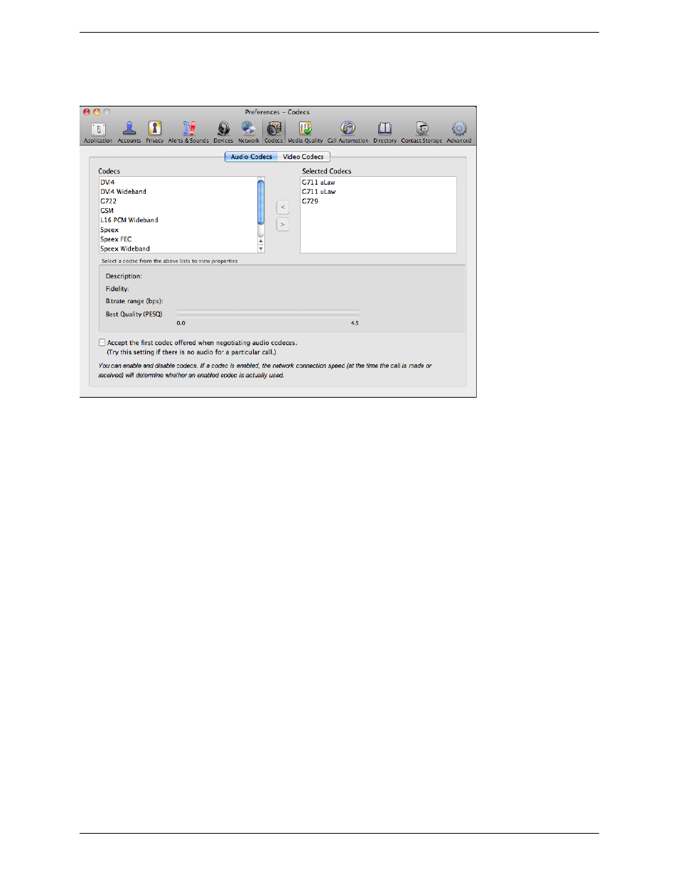 Preferences – codecs | CounterPath Bria 3.1 for Mac User Guide - Retail Deployments User Manual | Page 73 / 94