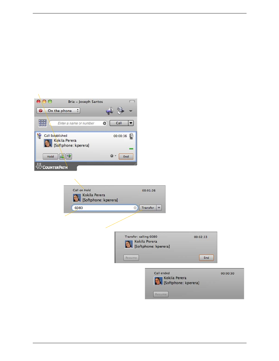 5 transfering a call, Transfering a call, Basic (unattended) transfer – transfer this call | CounterPath Bria 3.1 for Mac User Guide - Enterprise Deployments User Manual | Page 22 / 72