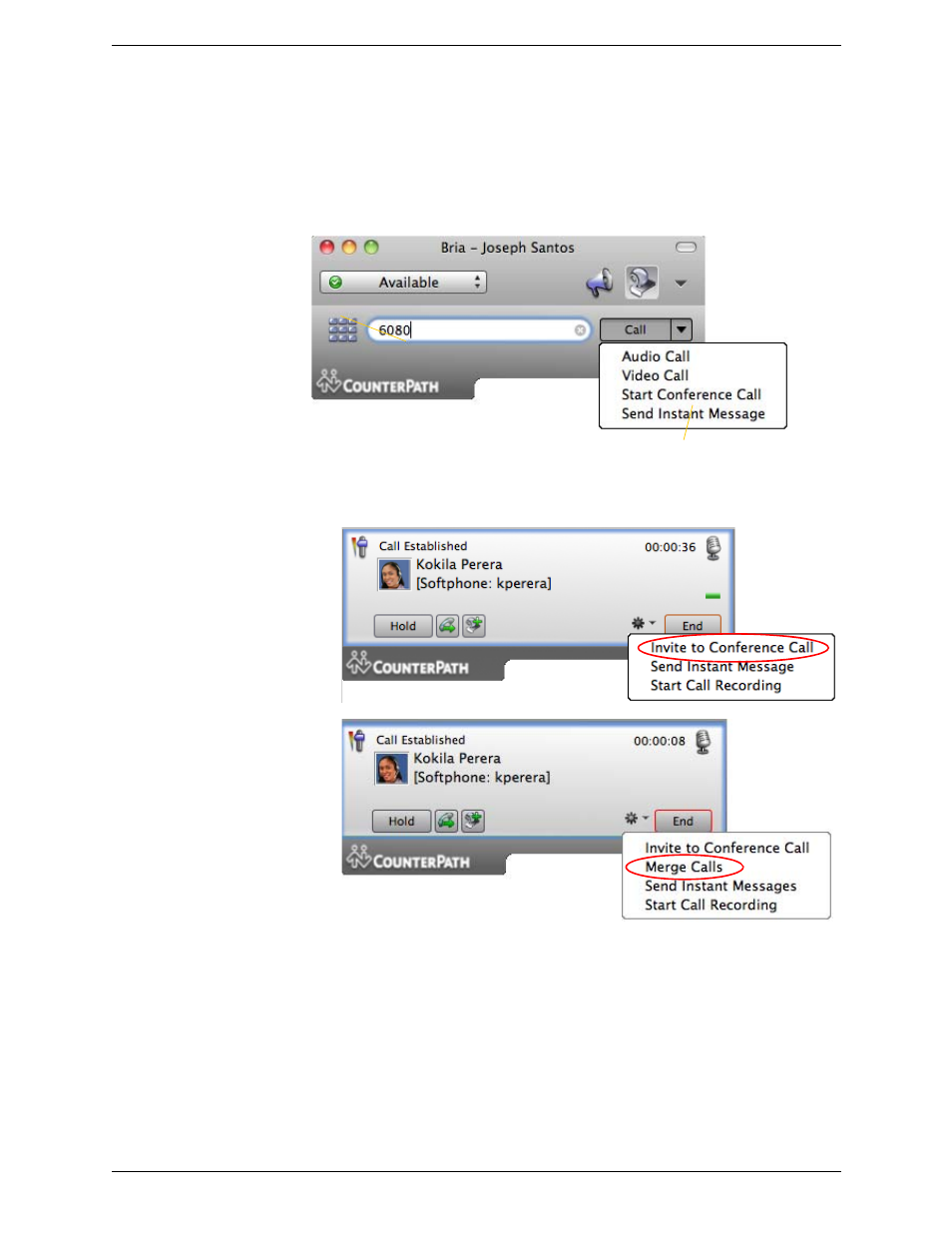 7 conference calls, Conference calls, Starting a conference call | CounterPath Bria 3.1 for Mac User Guide - Enterprise Deployments User Manual | Page 26 / 72