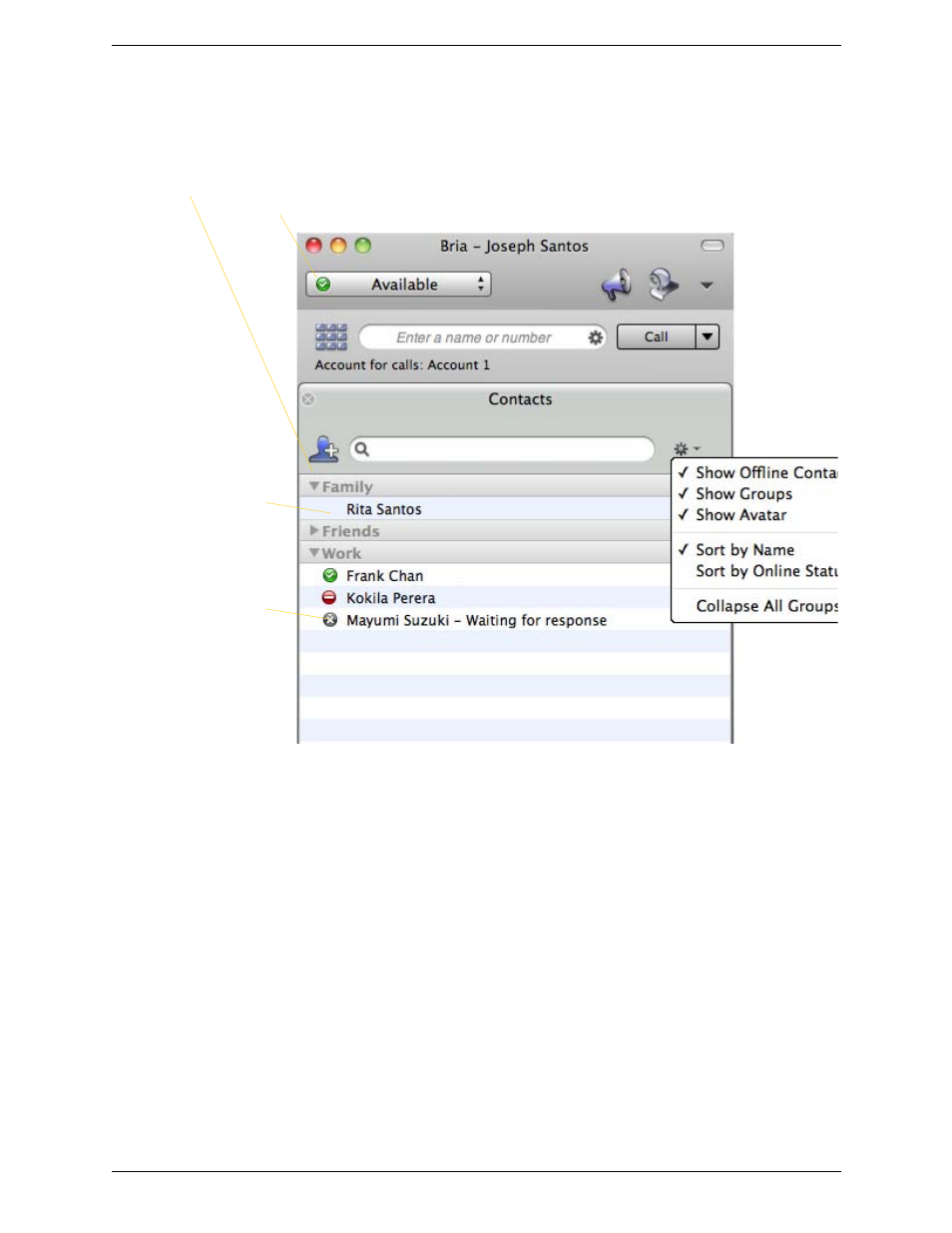 4 sharing online status, Sharing online status | CounterPath Bria 3.1 for Mac User Guide - Enterprise Deployments User Manual | Page 43 / 72