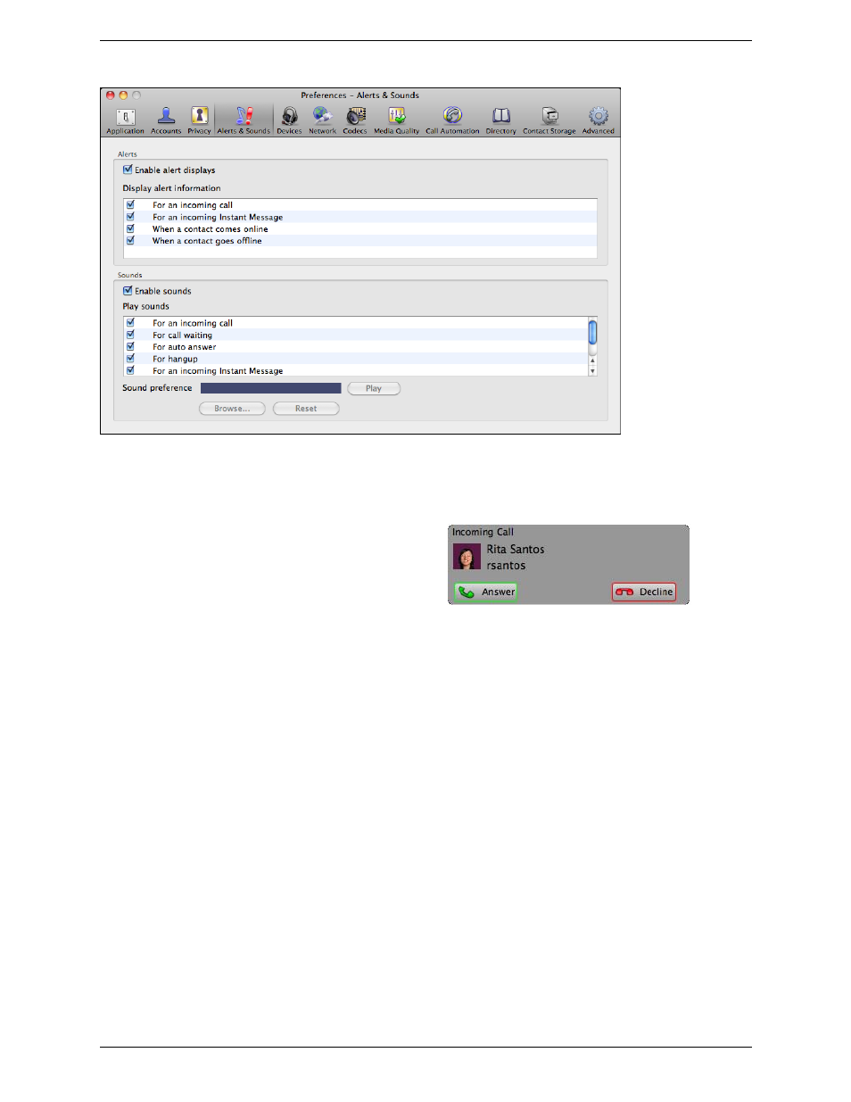 Preferences – alerts & sounds | CounterPath Bria 3.1 for Mac User Guide - Enterprise Deployments User Manual | Page 58 / 72