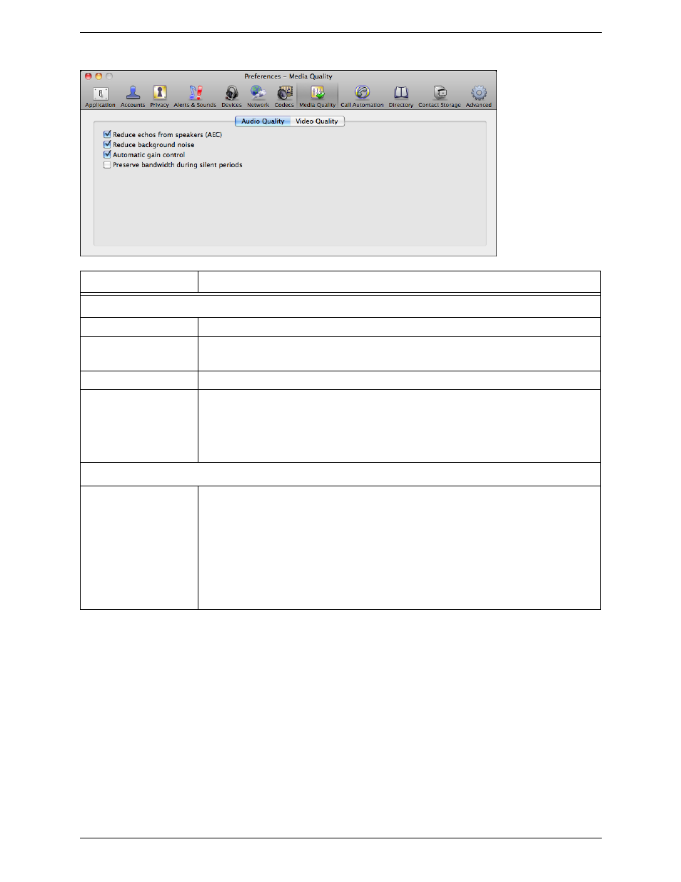 Preferences – media quality | CounterPath Bria 3.1 for Mac User Guide - Enterprise Deployments User Manual | Page 62 / 72
