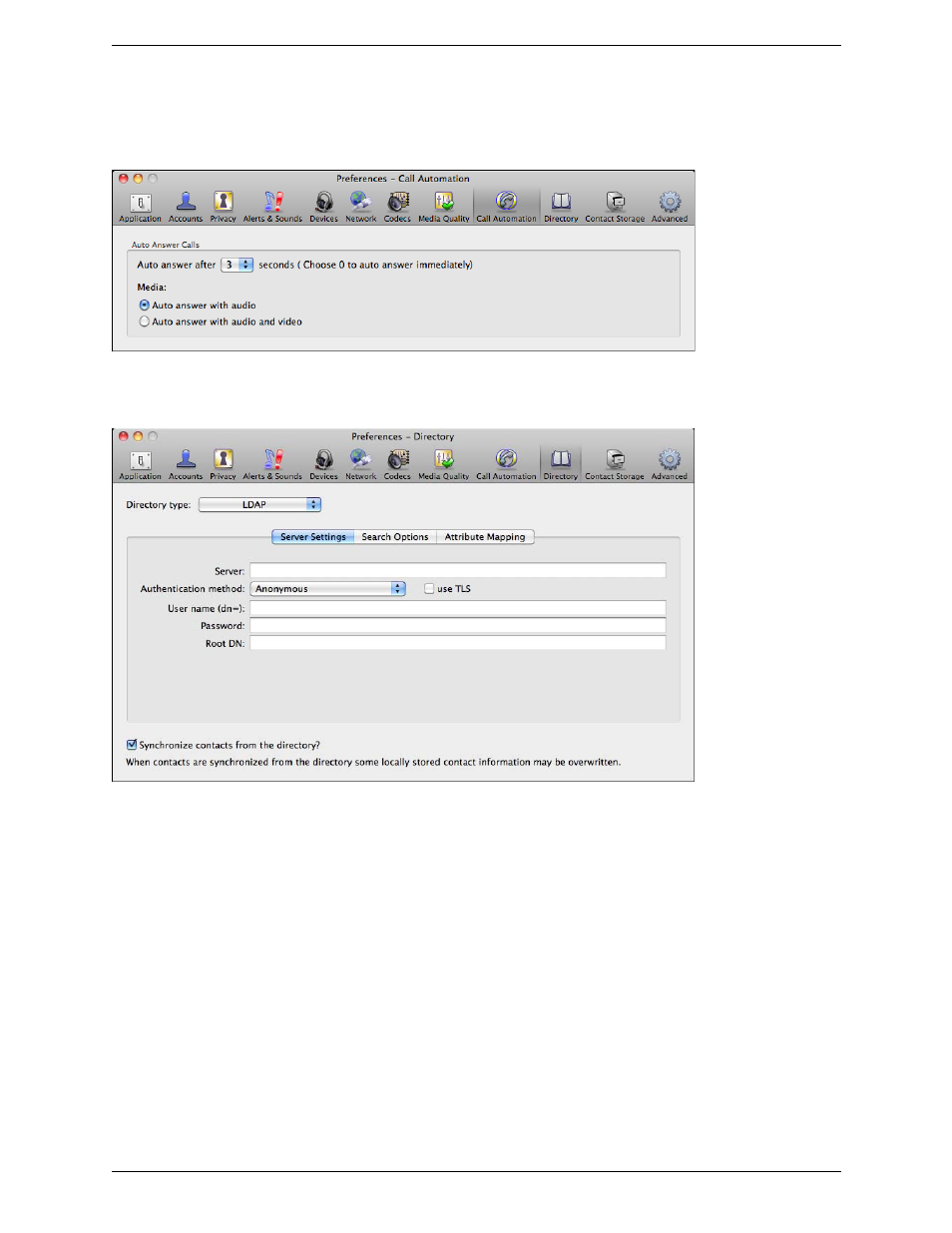 Preferences – call automation, Preferences - directory, Preferences – contact storage | CounterPath Bria 3.1 for Mac User Guide - Enterprise Deployments User Manual | Page 63 / 72