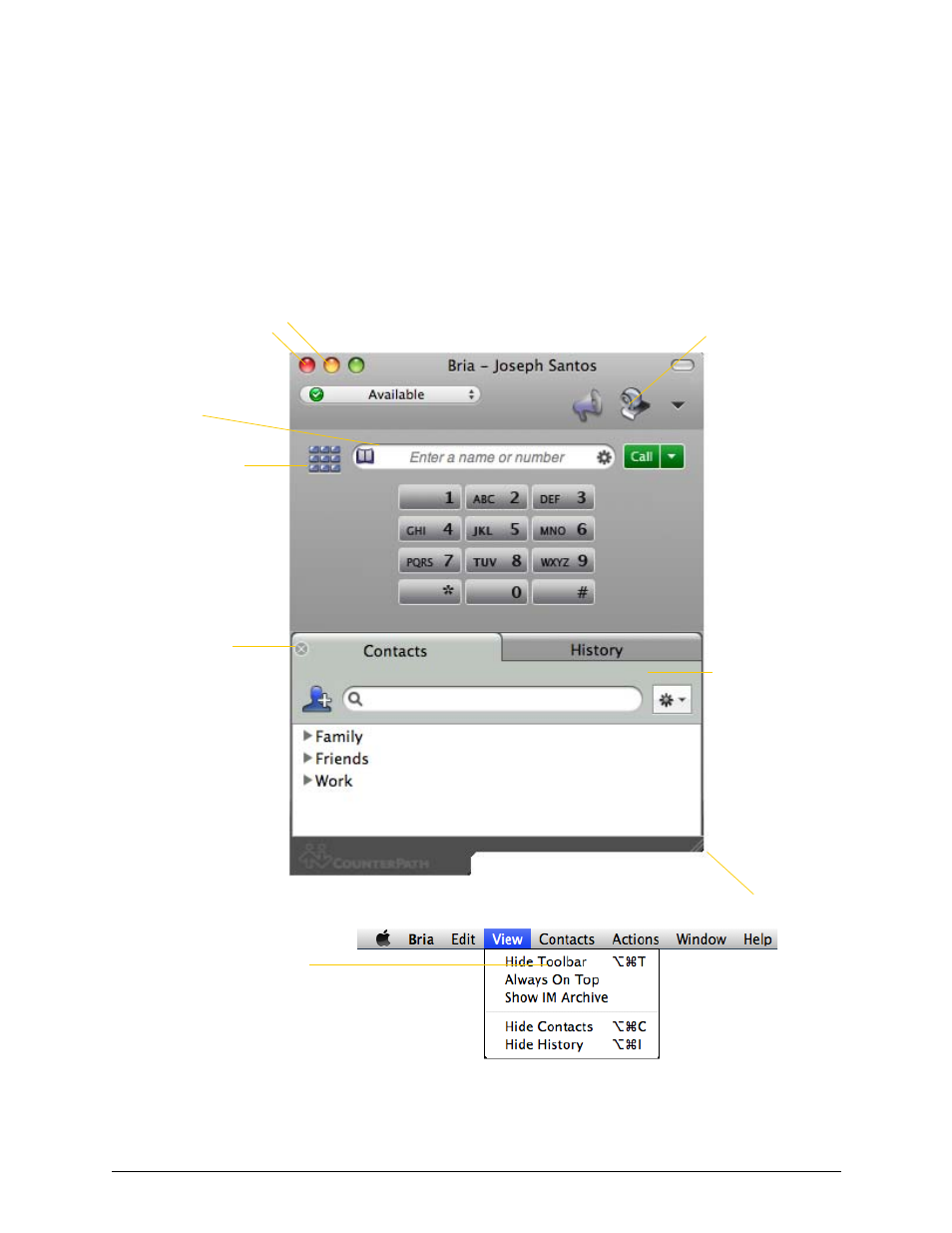 3 using bria, 1 the onscreen softphone, Using bria | The onscreen softphone, 3using bria | CounterPath Bria 3.0 for Mac User Guide - Retail Deployments User Manual | Page 13 / 82