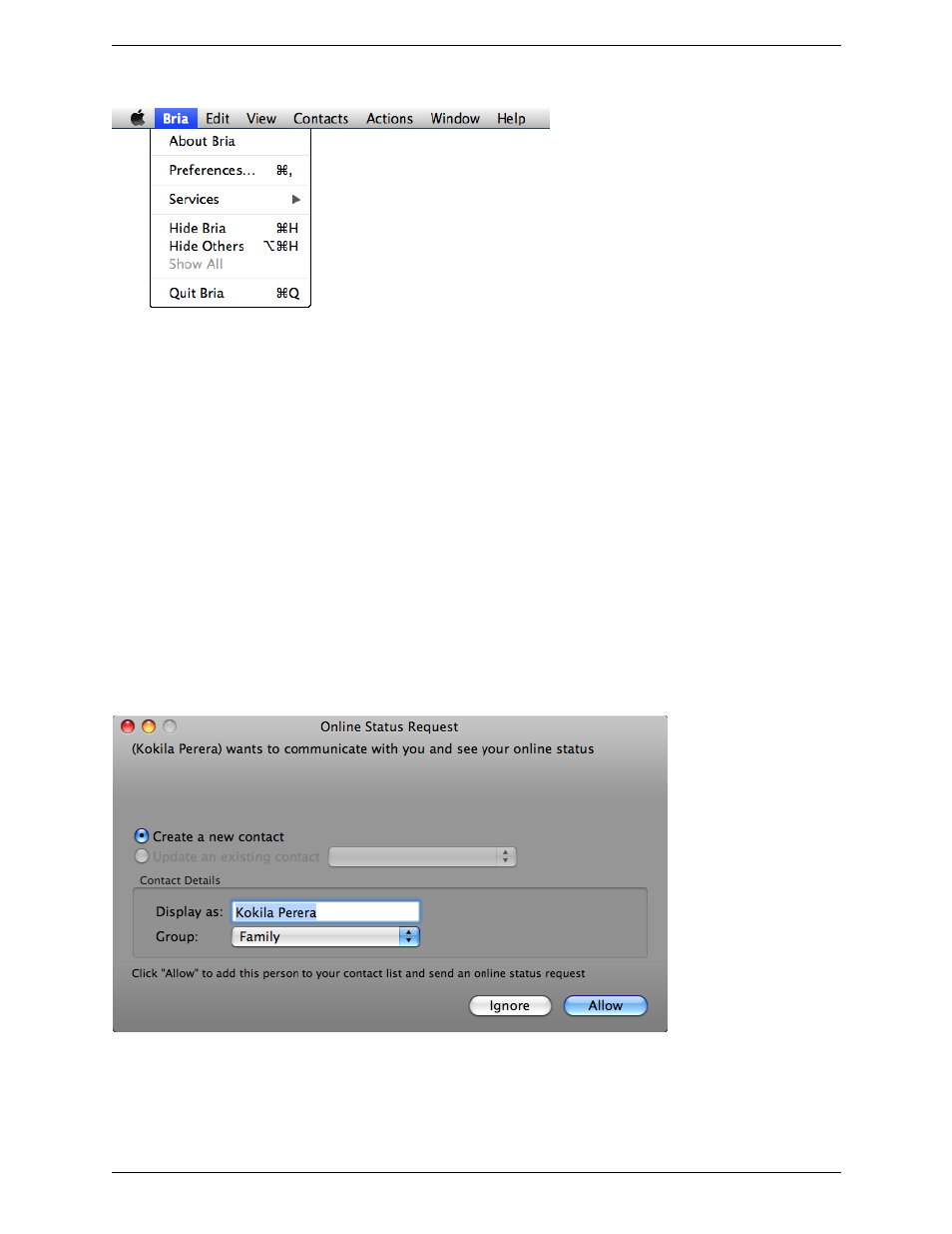 The bria menu, Receiving an online status request | CounterPath Bria 3.0 for Mac User Guide - Retail Deployments User Manual | Page 14 / 82