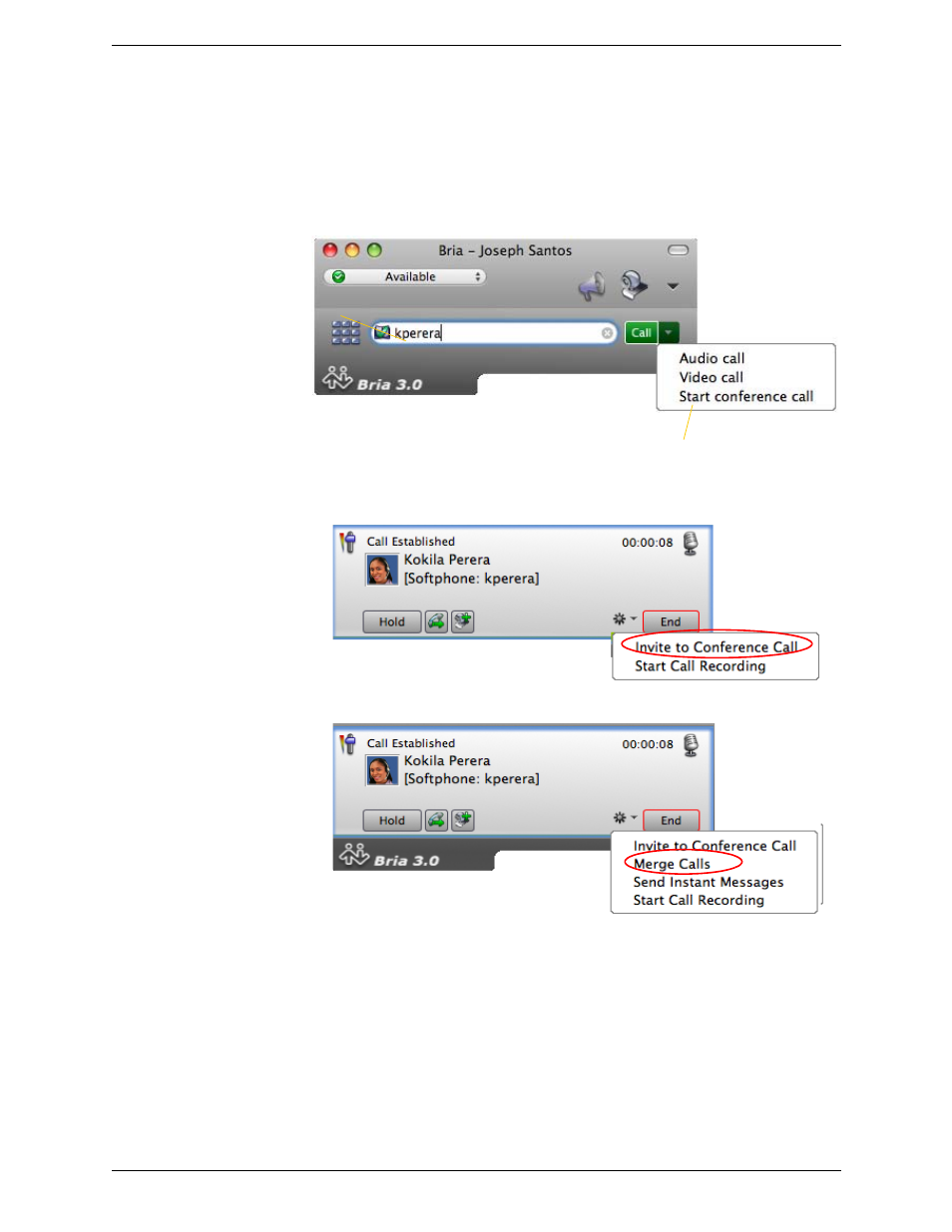 7 conference calls, Conference calls, Starting a conference call | CounterPath Bria 3.0 for Mac User Guide - Retail Deployments User Manual | Page 25 / 82