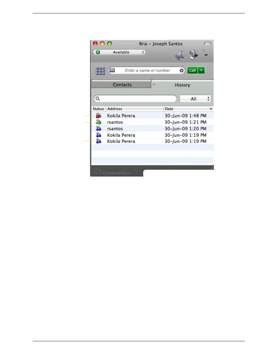 2 history tab, History tab, Managing the list | Phoning from history | CounterPath Bria 3.0 for Mac User Guide - Retail Deployments User Manual | Page 37 / 82