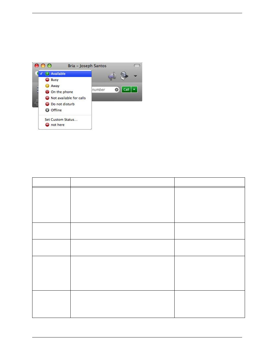 Setting your online status, Changing your status, Setting up online status indicators | CounterPath Bria 3.0 for Mac User Guide - Retail Deployments User Manual | Page 40 / 82