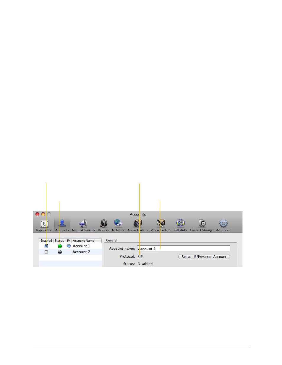 5 configuring bria, 1 configuring accounts: the accounts tab, Configuring bria | Configuring accounts: the accounts tab, 5configuring bria, Accounts settings window | CounterPath Bria 3.0 for Mac User Guide - Retail Deployments User Manual | Page 43 / 82