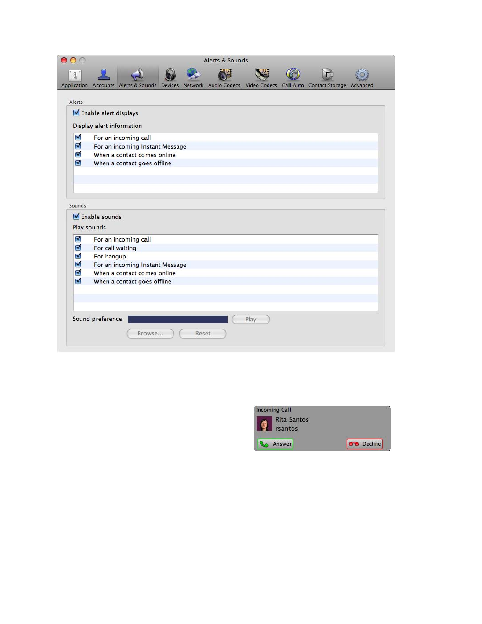Preferences – alerts & sounds | CounterPath Bria 3.0 for Mac User Guide - Retail Deployments User Manual | Page 59 / 82
