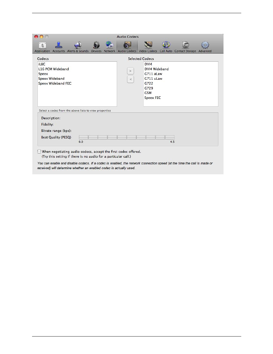 Preferences – audio codecs | CounterPath Bria 3.0 for Mac User Guide - Retail Deployments User Manual | Page 63 / 82