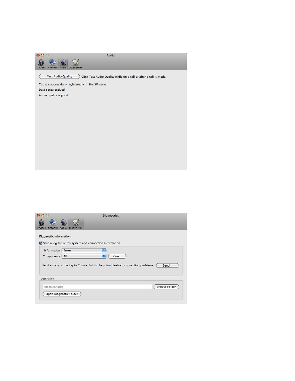 Testing audio quality, Diagnostics | CounterPath Bria 3.0 for Mac User Guide - Retail Deployments User Manual | Page 72 / 82