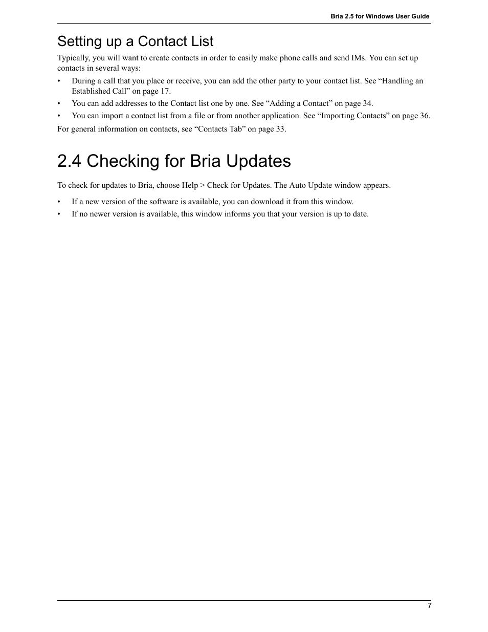 4 checking for bria updates, Setting up a contact list | CounterPath Bria 2.5 Windows User Guide User Manual | Page 11 / 96