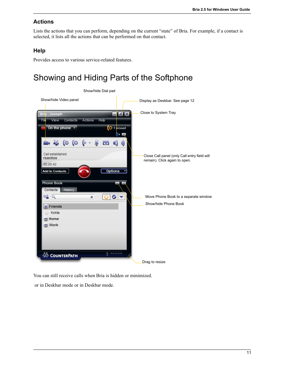 Showing and hiding parts of the softphone | CounterPath Bria 2.5 Windows User Guide User Manual | Page 15 / 96