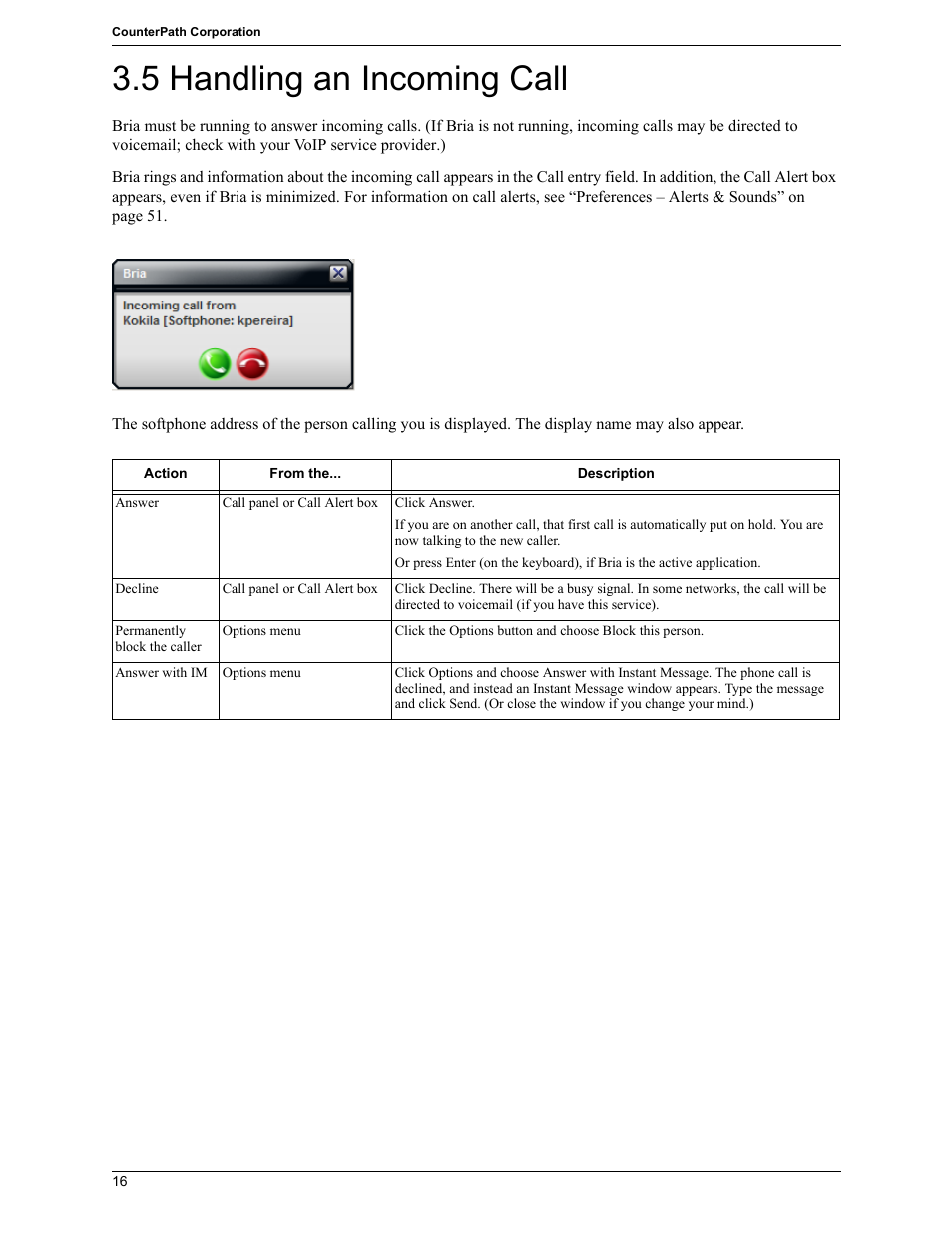 5 handling an incoming call | CounterPath Bria 2.5 Windows User Guide User Manual | Page 20 / 96