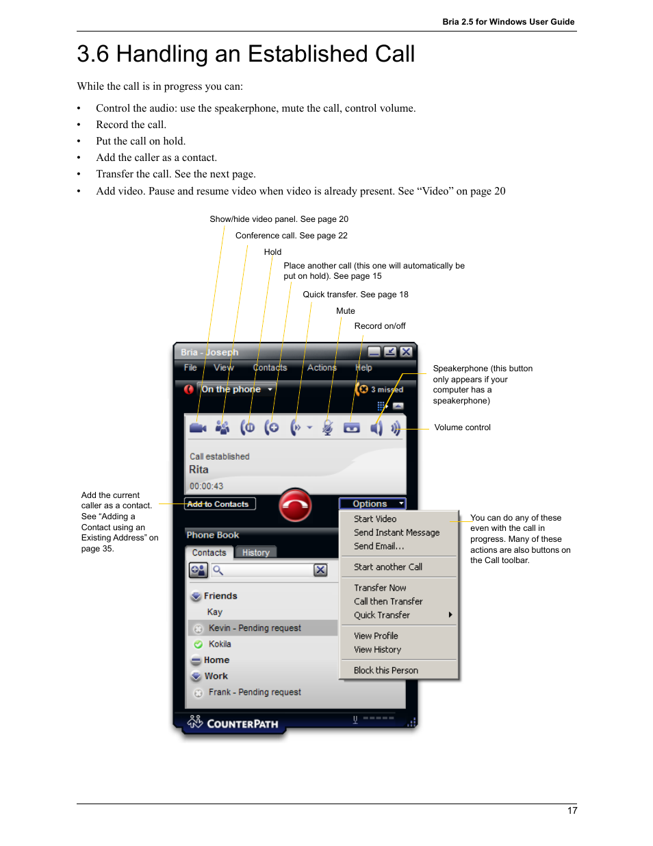 6 handling an established call | CounterPath Bria 2.5 Windows User Guide User Manual | Page 21 / 96