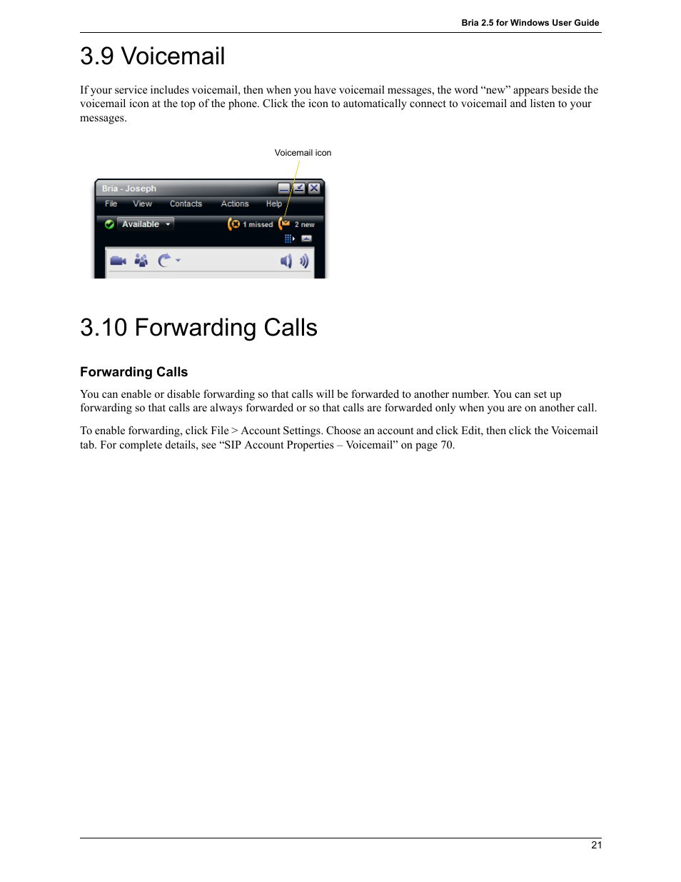 9 voicemail, 10 forwarding calls | CounterPath Bria 2.5 Windows User Guide User Manual | Page 25 / 96