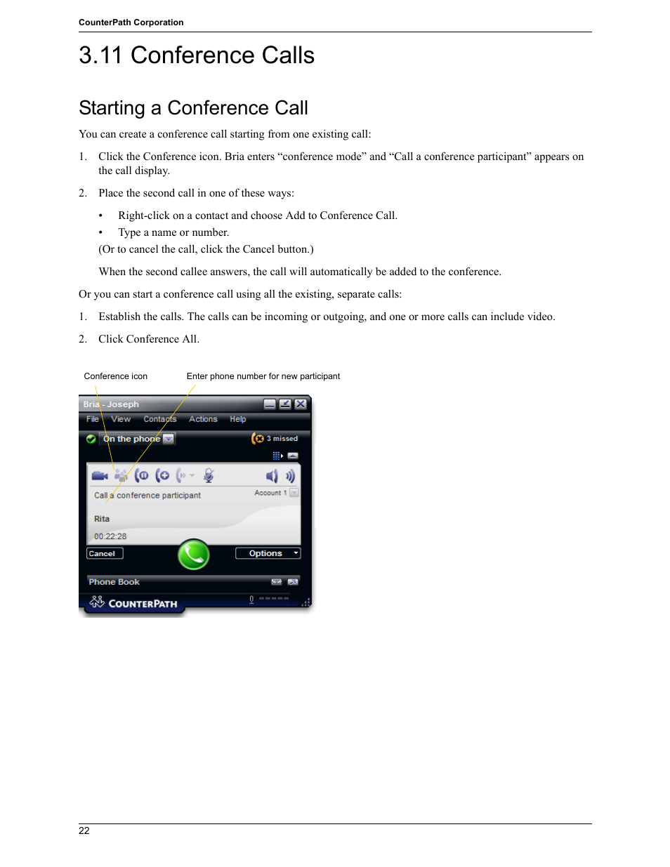 11 conference calls, Starting a conference call | CounterPath Bria 2.5 Windows User Guide User Manual | Page 26 / 96