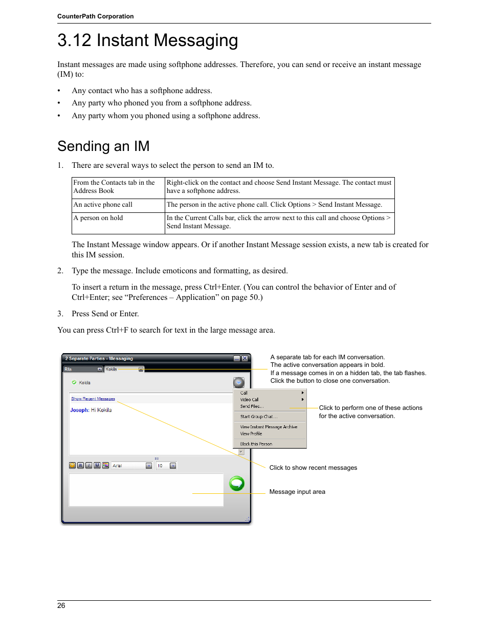 12 instant messaging, Sending an im | CounterPath Bria 2.5 Windows User Guide User Manual | Page 30 / 96