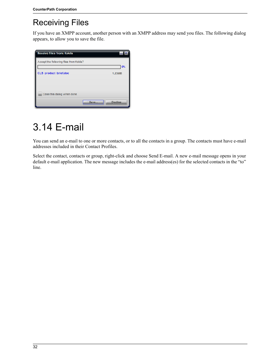 14 e-mail, Receiving files | CounterPath Bria 2.5 Windows User Guide User Manual | Page 36 / 96