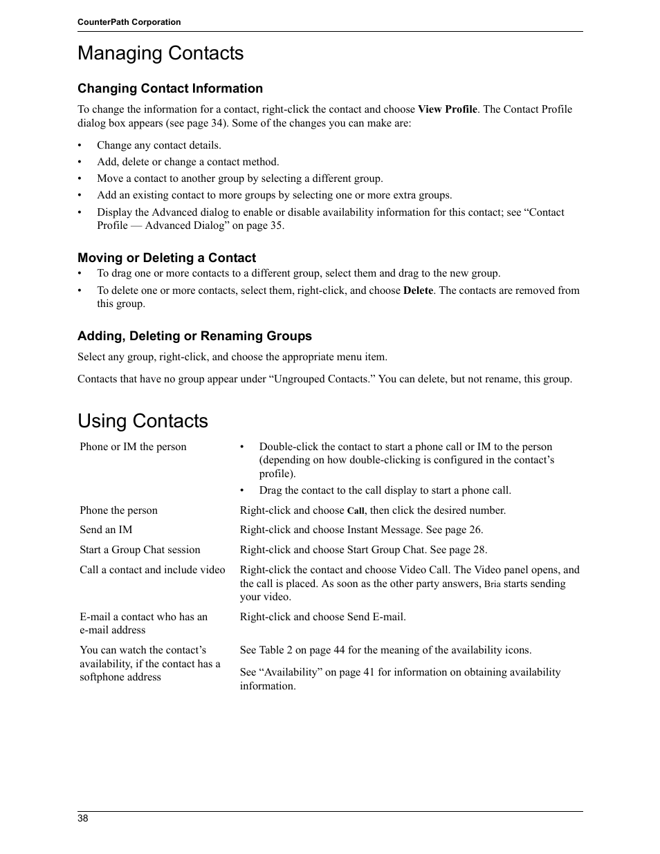 Managing contacts, Using contacts | CounterPath Bria 2.5 Windows User Guide User Manual | Page 42 / 96