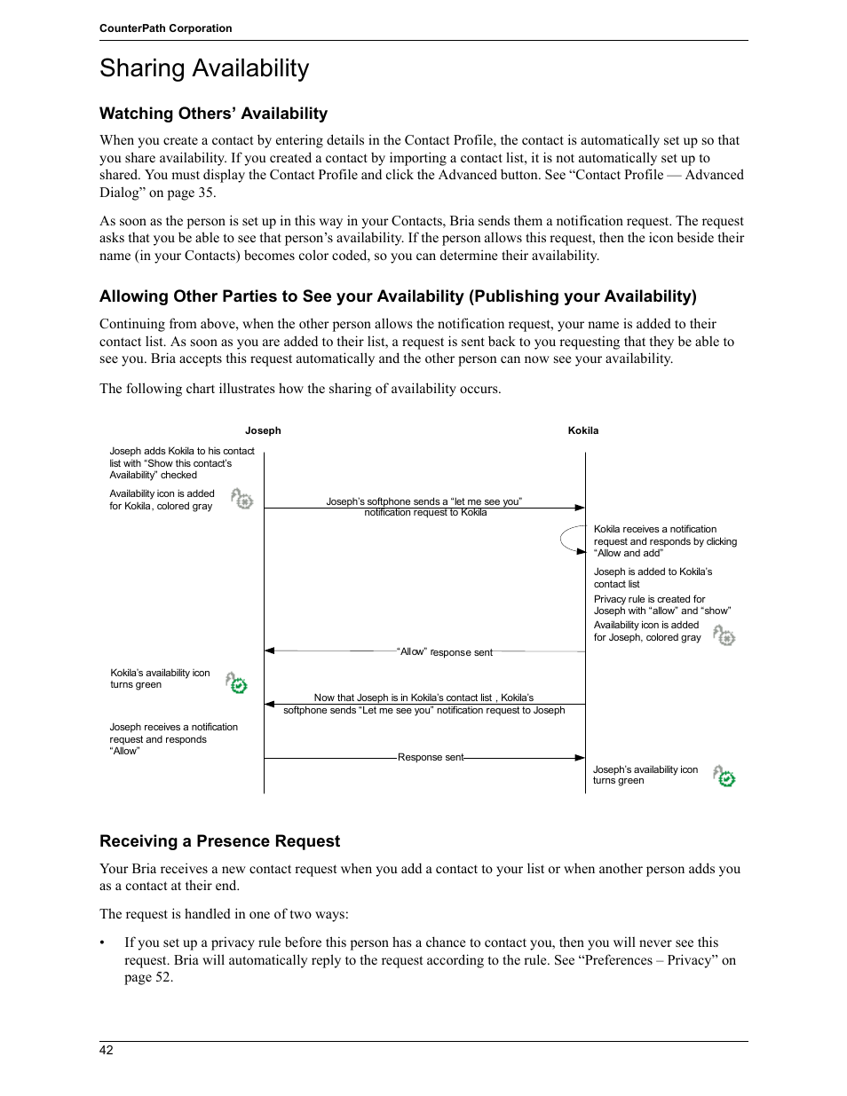 Sharing availability, Watching others’ availability, Receiving a presence request | CounterPath Bria 2.5 Windows User Guide User Manual | Page 46 / 96