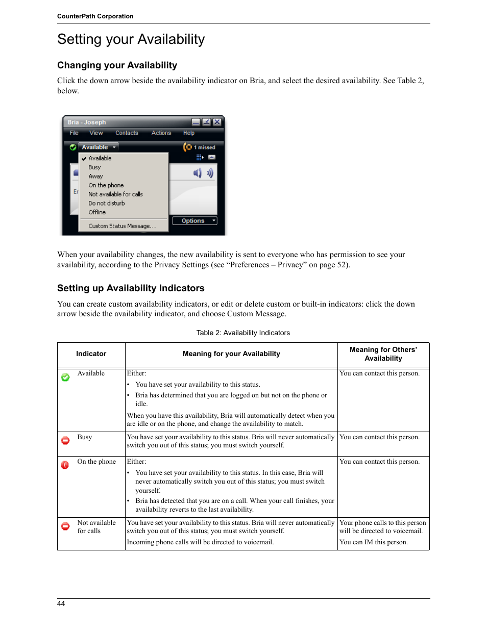 Setting your availability | CounterPath Bria 2.5 Windows User Guide User Manual | Page 48 / 96