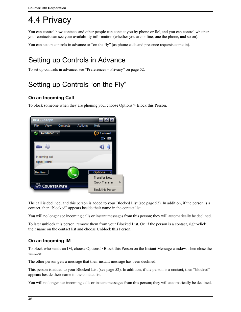 4 privacy, Setting up controls in advance, Setting up controls “on the fly | CounterPath Bria 2.5 Windows User Guide User Manual | Page 50 / 96