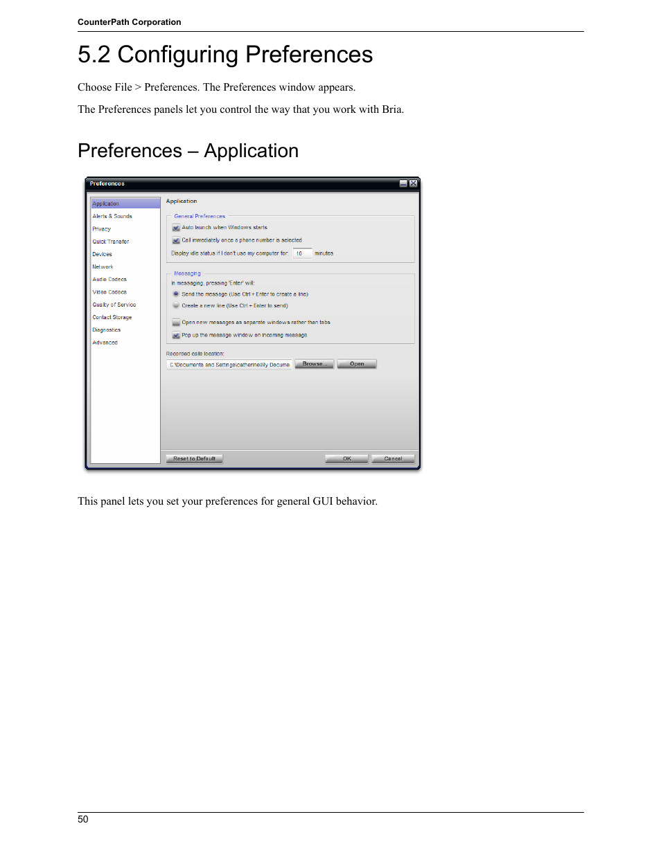 2 configuring preferences, Preferences – application | CounterPath Bria 2.5 Windows User Guide User Manual | Page 54 / 96