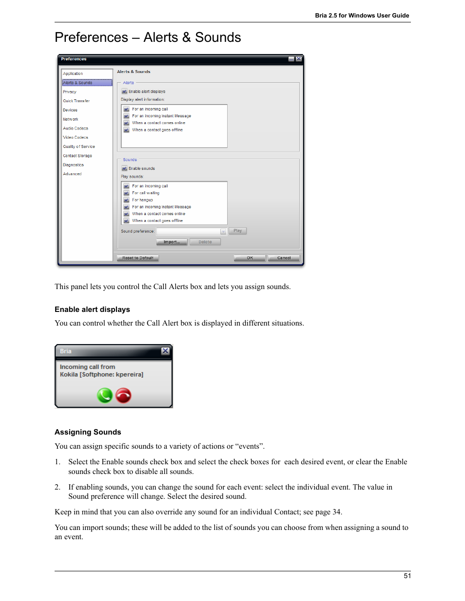 Preferences – alerts & sounds | CounterPath Bria 2.5 Windows User Guide User Manual | Page 55 / 96