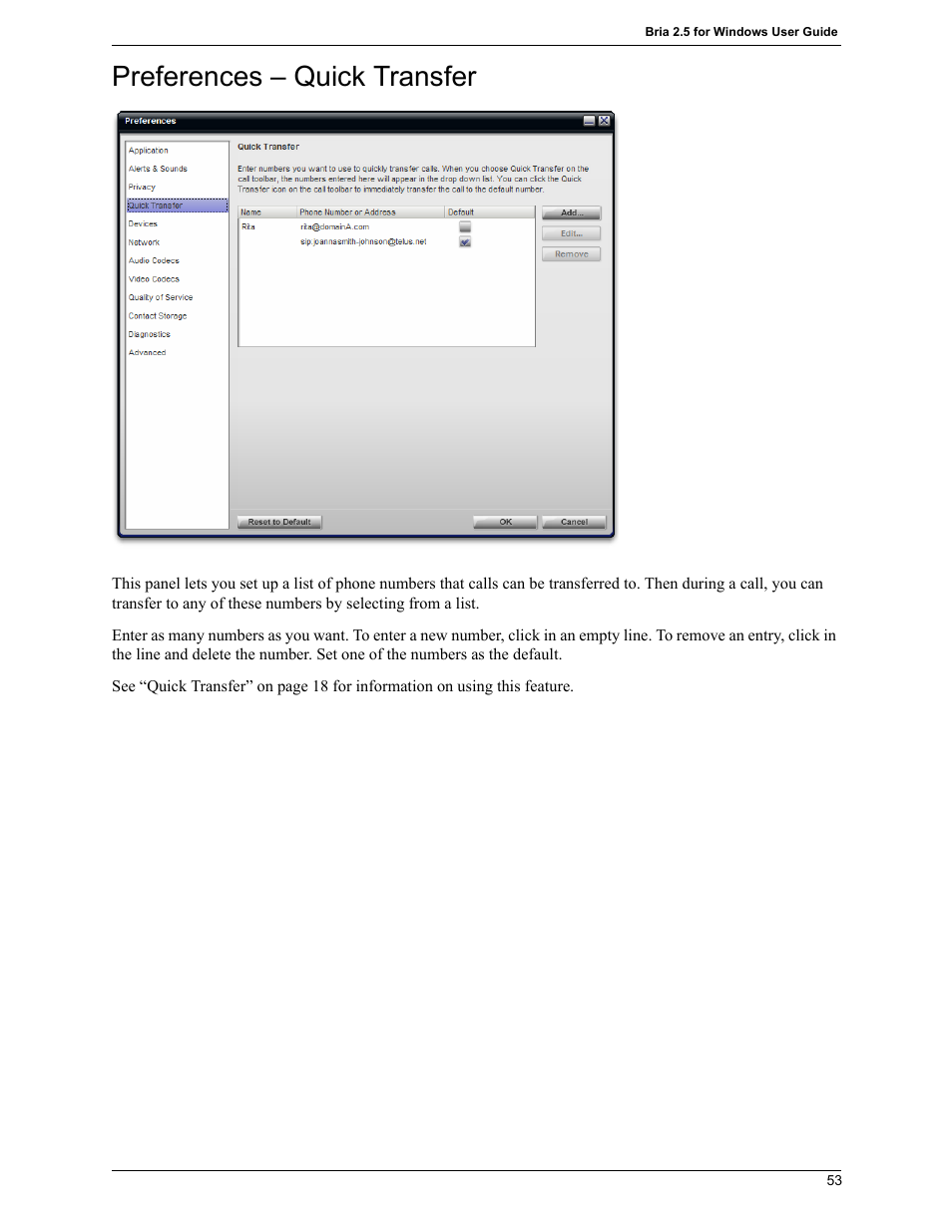 Preferences – quick transfer | CounterPath Bria 2.5 Windows User Guide User Manual | Page 57 / 96