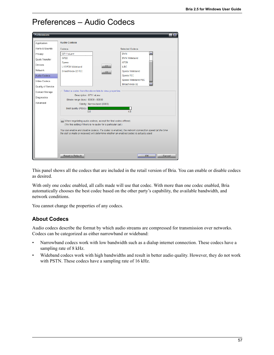 Preferences – audio codecs | CounterPath Bria 2.5 Windows User Guide User Manual | Page 61 / 96