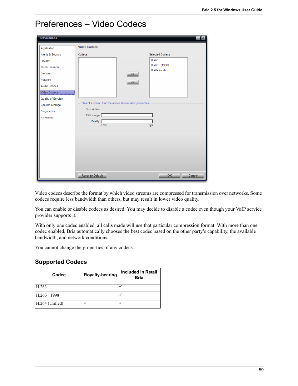 Preferences – video codecs | CounterPath Bria 2.5 Windows User Guide User Manual | Page 63 / 96