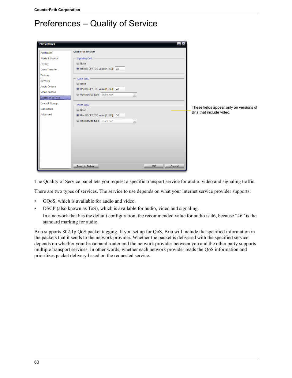 Preferences – quality of service | CounterPath Bria 2.5 Windows User Guide User Manual | Page 64 / 96
