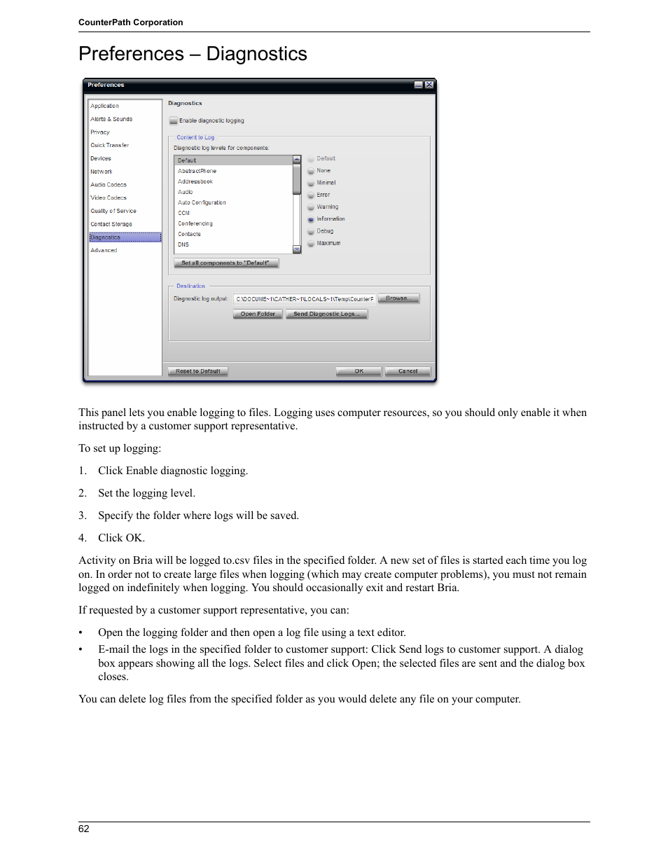 Preferences – diagnostics | CounterPath Bria 2.5 Windows User Guide User Manual | Page 66 / 96