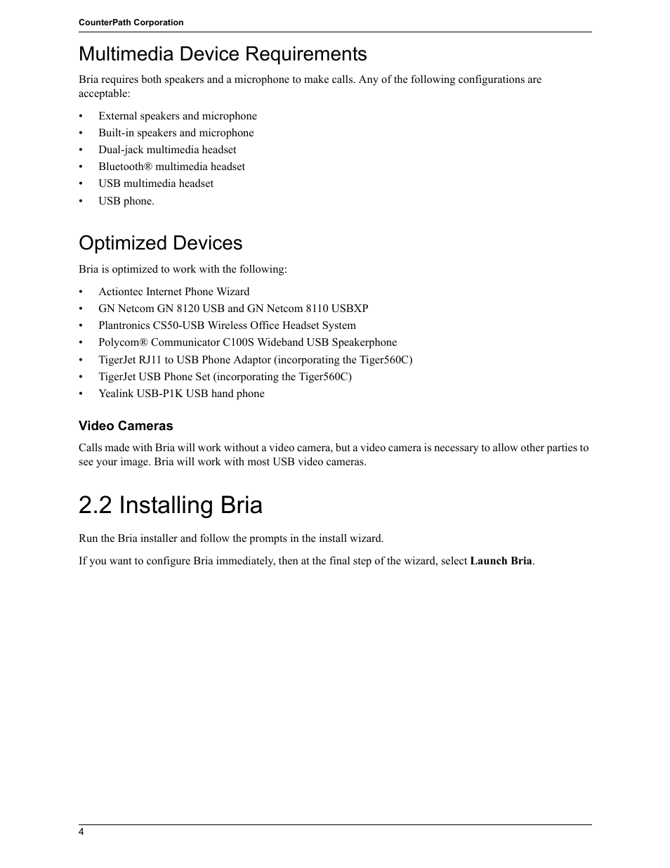 2 installing bria, Multimedia device requirements, Optimized devices | CounterPath Bria 2.5 Windows User Guide User Manual | Page 8 / 96