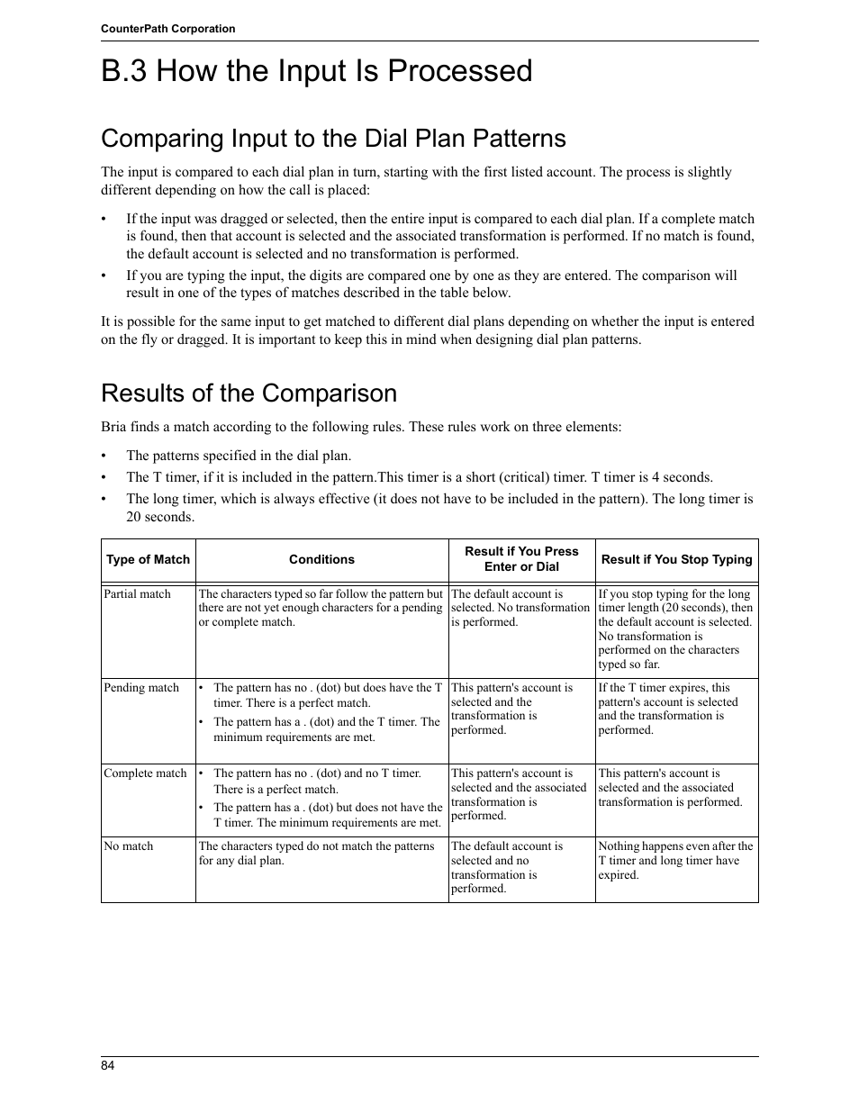 B.3 how the input is processed, Comparing input to the dial plan patterns, Results of the comparison | CounterPath Bria 2.5 Windows User Guide User Manual | Page 88 / 96