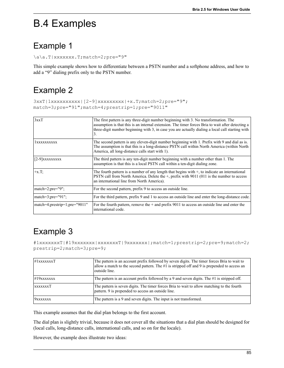 B.4 examples, Example 1, Example 2 | Example 3 | CounterPath Bria 2.5 Windows User Guide User Manual | Page 89 / 96