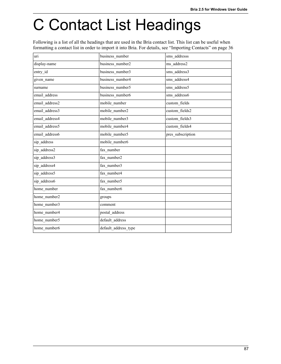 C contact list headings | CounterPath Bria 2.5 Windows User Guide User Manual | Page 91 / 96