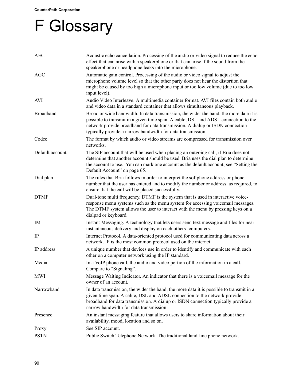 F glossary | CounterPath Bria 2.5 Windows User Guide User Manual | Page 94 / 96