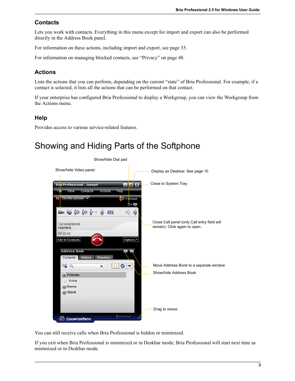 Showing and hiding parts of the softphone | CounterPath Bria Professional 2.5 Windows User Guide User Manual | Page 13 / 72