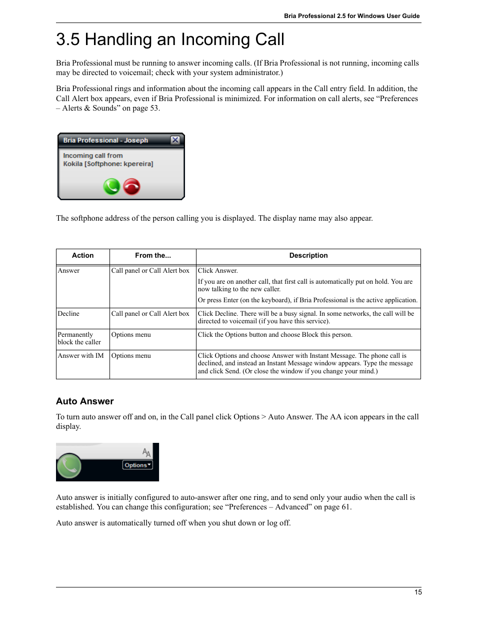 5 handling an incoming call, Handling an incoming call | CounterPath Bria Professional 2.5 Windows User Guide User Manual | Page 19 / 72