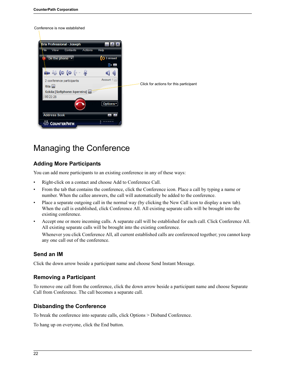Managing the conference | CounterPath Bria Professional 2.5 Windows User Guide User Manual | Page 26 / 72