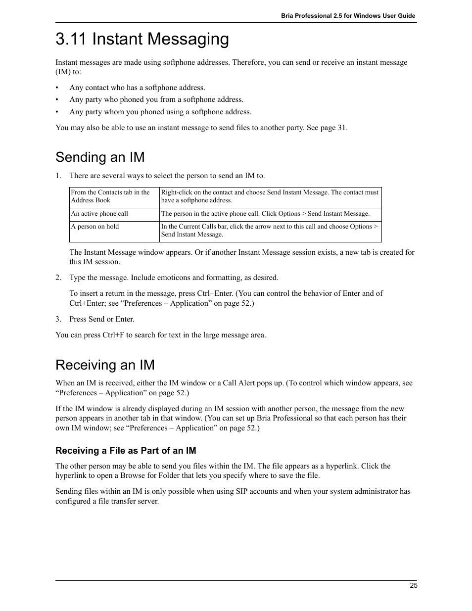 11 instant messaging, Instant messaging, Sending an im | Receiving an im | CounterPath Bria Professional 2.5 Windows User Guide User Manual | Page 29 / 72