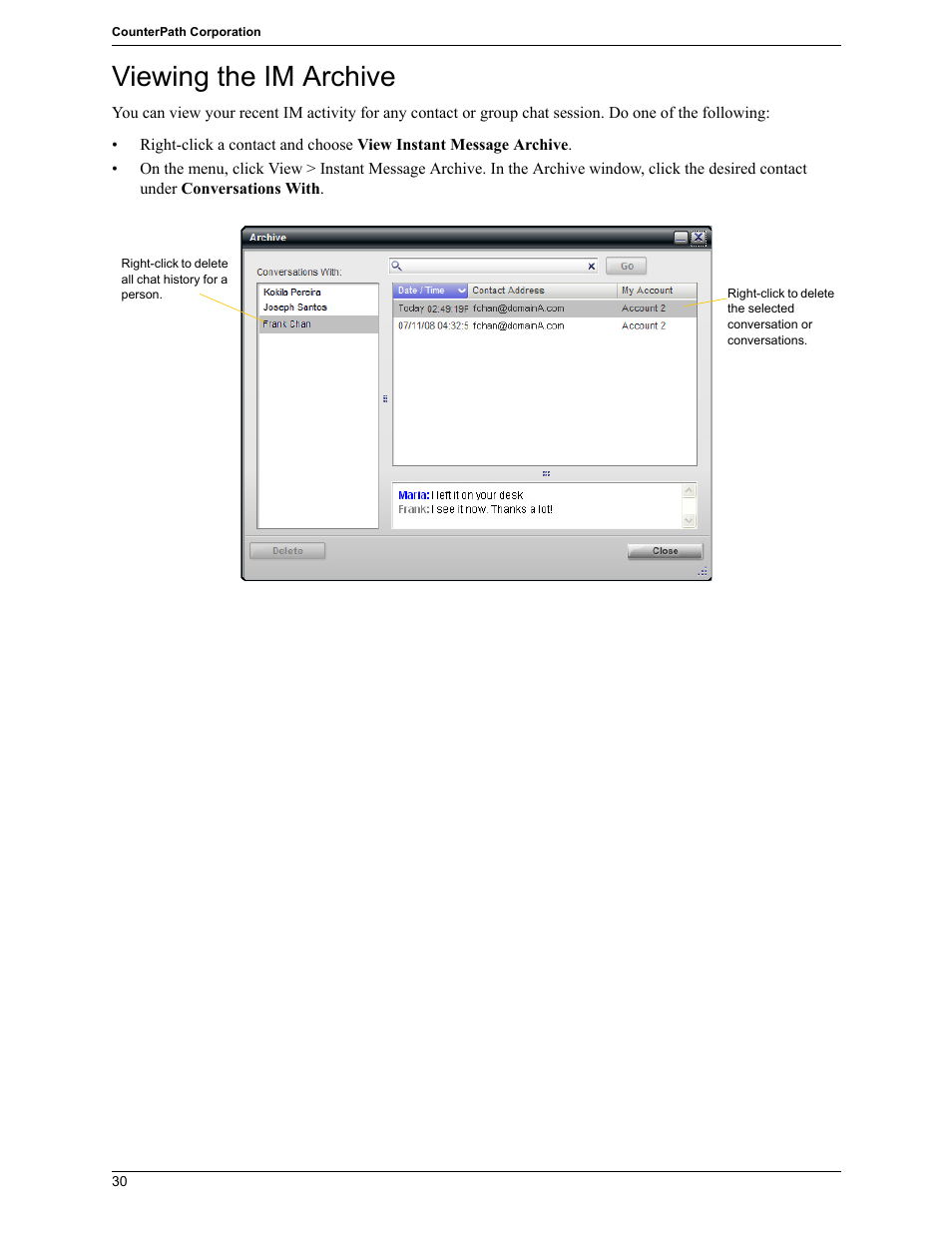 Viewing the im archive | CounterPath Bria Professional 2.5 Windows User Guide User Manual | Page 34 / 72