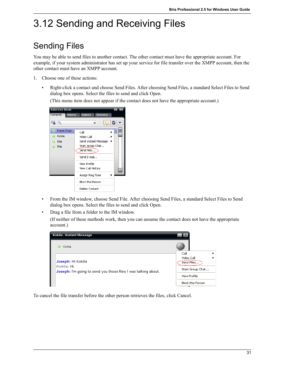 12 sending and receiving files, Sending and receiving files, Sending files | CounterPath Bria Professional 2.5 Windows User Guide User Manual | Page 35 / 72