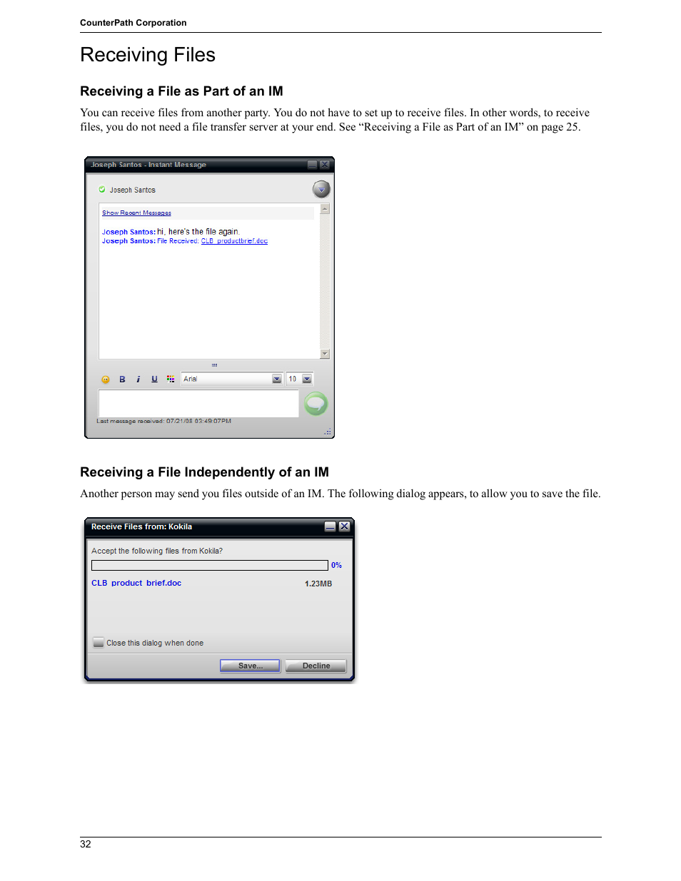 Receiving files | CounterPath Bria Professional 2.5 Windows User Guide User Manual | Page 36 / 72