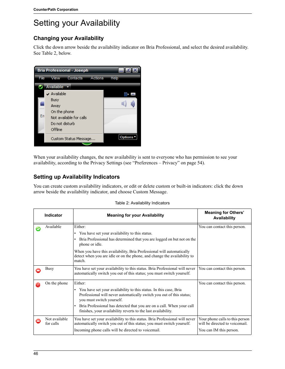 Setting your availability | CounterPath Bria Professional 2.5 Windows User Guide User Manual | Page 50 / 72