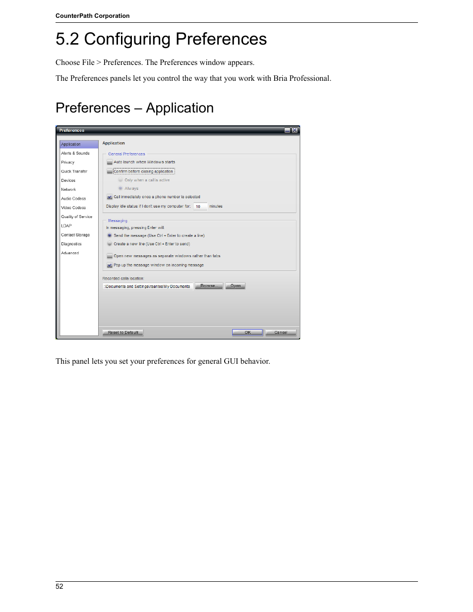 2 configuring preferences, Configuring preferences, Preferences – application | CounterPath Bria Professional 2.5 Windows User Guide User Manual | Page 56 / 72