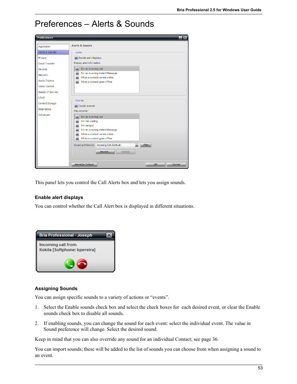 Preferences – alerts & sounds | CounterPath Bria Professional 2.5 Windows User Guide User Manual | Page 57 / 72